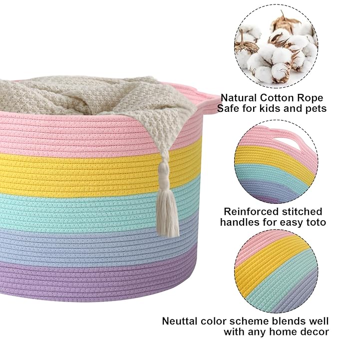 90L Large Blanket Basket,21.7"L x 21.7"W x 13.8"H Rope Woven Baskets with Handles, Toys Storage Bins,Laundry Basket Perfect for Living Room, Nursery,Bedroom,Home Organization,Colorful