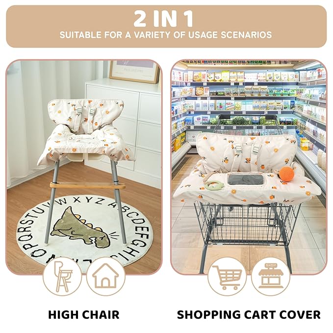 Shopping Cart Cover for Baby 2 in 1 High Chair Covers for Restaurant Comfortable Grocery Cart Seat Covers for Infant, Toddler Universal Suitable for Most Shopping Carts Machine Washable, Orange