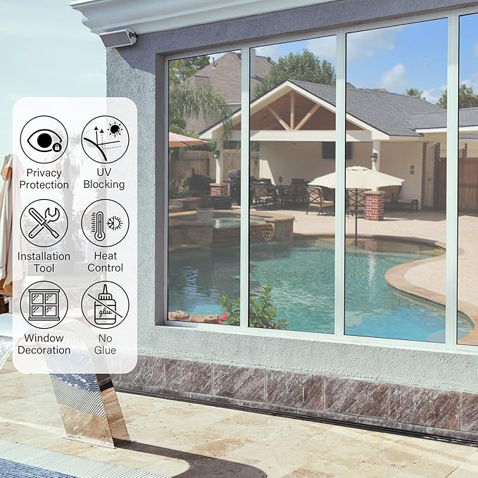 Kromapolis One Way Window Privacy Film Reflective Mirror Home Window Tint, Daytime Privacy Heat Control Anti UV Glass Tinting Static Cling (Silver, 45.2 x 78.7 inch)