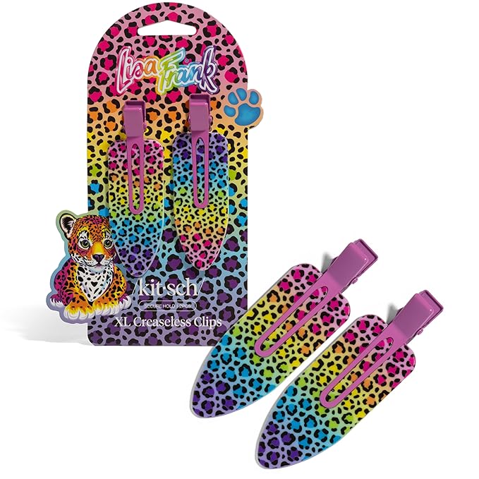 Lisa Frank x Kitsch XL Creaseless Hair Clips for Women - No Crease, No Bend Hair Clips for Styling, Makeup Application, or Face Wash | Recycled Acrylic - Rainbow Leopard | Gifts for Women, 2pcs