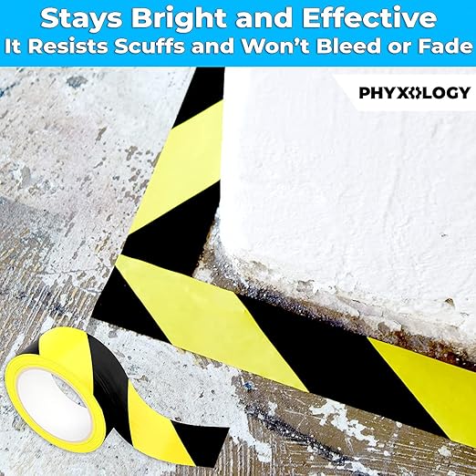Double-Roll of Ultra-Adhesive Black & Yellow Hazard Tape for Floor Marking 2 Pk. Mark Floors & Watch Your Step Areas for Safety with High-Visibility Anti-Scuff Striped Vinyl by Phyxology Supply.