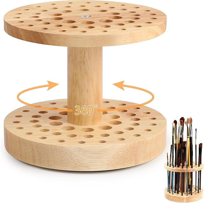 52 Holes Paint Brush Holder, 360° Rotating Paint Brush Organizer, Hardwood Storage Stand Rack for Artists Brushes, Crafts Tools, Makeup Brush, Calligraphy Pens