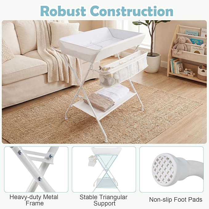 Costzon Changing Table, Portable Baby Changing Table Foldable Diaper Changing Station with Safety Belt, Large Storage Rack & Shelf, Nursery Organizer for Newborn Infant (Beige)
