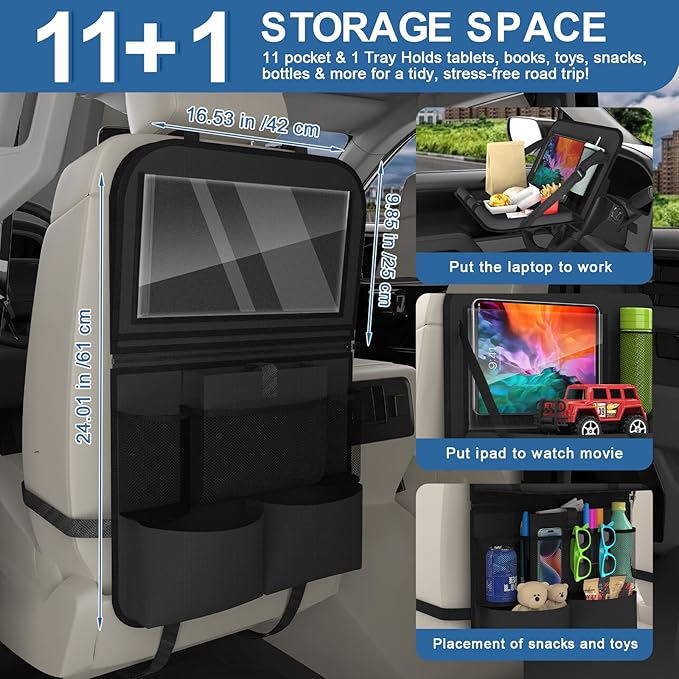 2 Pack Backseat Car Organizer with Tray, 11 Pocket Car Storage with Tablet Holder & Detachable Top for Steering Wheel, Road Trip Essentials Travel, Protector Kick Mats for Kids