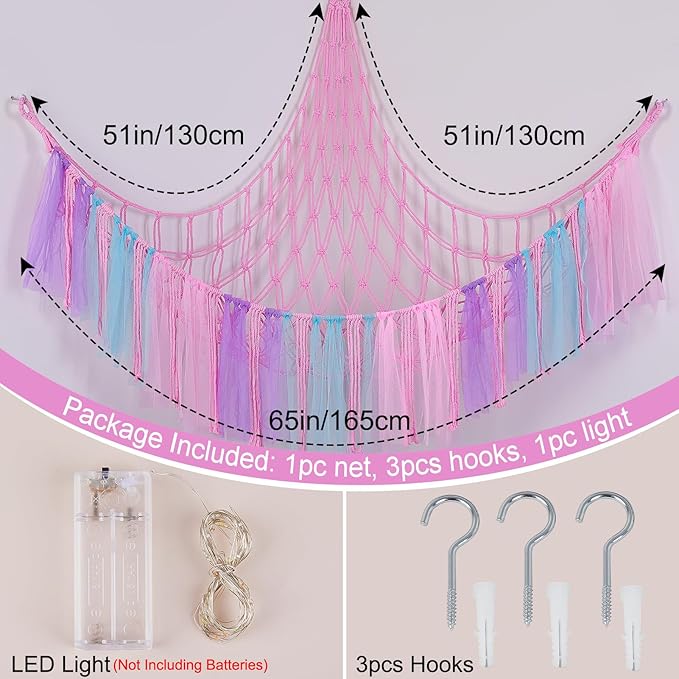 FIOBEE Stuffed Animals Net or Hammock with LED Light, Toy Hammock Hanging Stuffed Animals Storage Organizer Holder Room Décor for Nursery Kids Bedroom