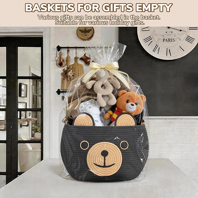CherryNow Baby Basket for Nursery, Bear Gift Baskets for Kids, Cute Baby Basket for Baby Shower, Decorative Animal Baskets for Living Room, Black, 15.7"D x 10.5"H