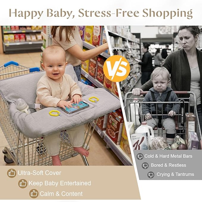 Muslin Shopping Cart Cover for Baby Soft & Breathable High Chair Covers for Restaurant Seat Grocery Cart Cover with Storage Pocket Machine Washable for Infant Toddler Boy Girl, Summer Wheat