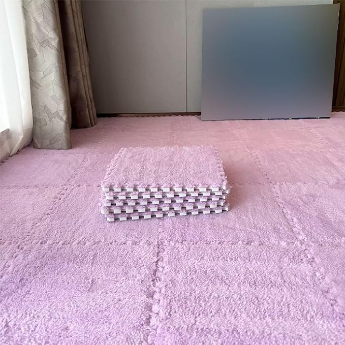12pcs Plush Puzzle Foam Floor Mat, Cute Soft Fluffy Interlocking Square Foam Tiles Area Rugs Carpet for Parlor Bedroom Decoration(11.8x11.8x0.55in, Pink)