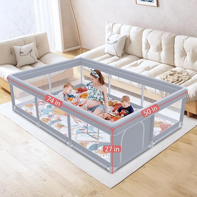 besuhot Baby Playpen 74"x50" with Mat Play Pens for Babies and Toddlers, Large Play Yards for Indoor & Outdoor with Zipper Gates