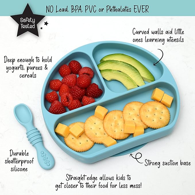 PrimaStella Unbreakable Silicone Non-Slip Baby & Toddler Plate and Spoon Feeding Set - Pacific Blue