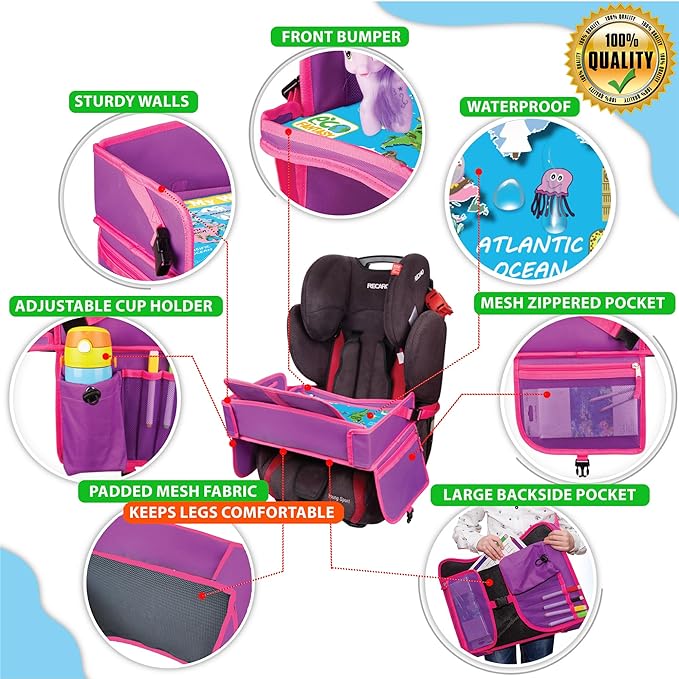 Kids Travel Tray - Waterproof Lap Table with No-Drop Large Tablet Holder - Car Seat Tray - Road Trip Essentials Kids - Car Desk Organizer for Airplane - Toddler Travel Essentials (Pink)