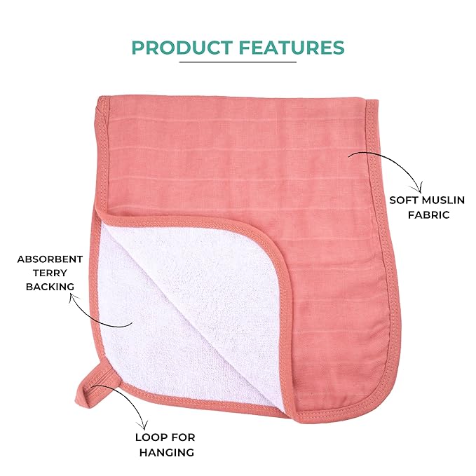 Featherhead 5 Pack Muslin Baby Burp Cloths for Boys & Girls, 22" X 11", Premium Cotton Muslin and Terry Spit up Rags, Super Soft and Absorbent (Pink Solids)