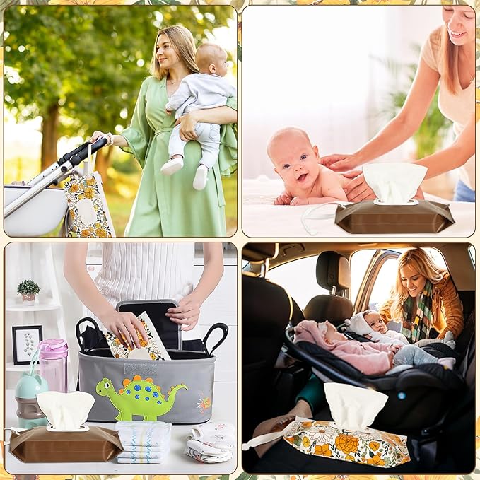 FEBSNOW 2 Pack Baby Wipes Dispenser, Portable Refillable Wipe Holder Baby Wipes Container Travel Wipes Case Reusable Wet Wipes Pouch (Floral, Brown)