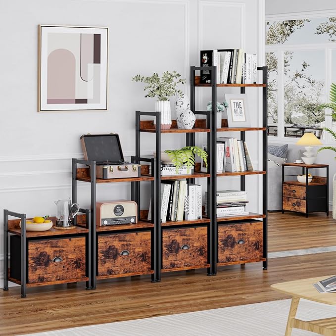 Furologee 5 Tier Bookshelf with Drawer, Tall Narrow Bookcase with Shelves, Wood and Metal Bookshelves Storage Organizer, Industrial Display Standing Shelf Unit for Bedroom, Living Room, Rustic Brown