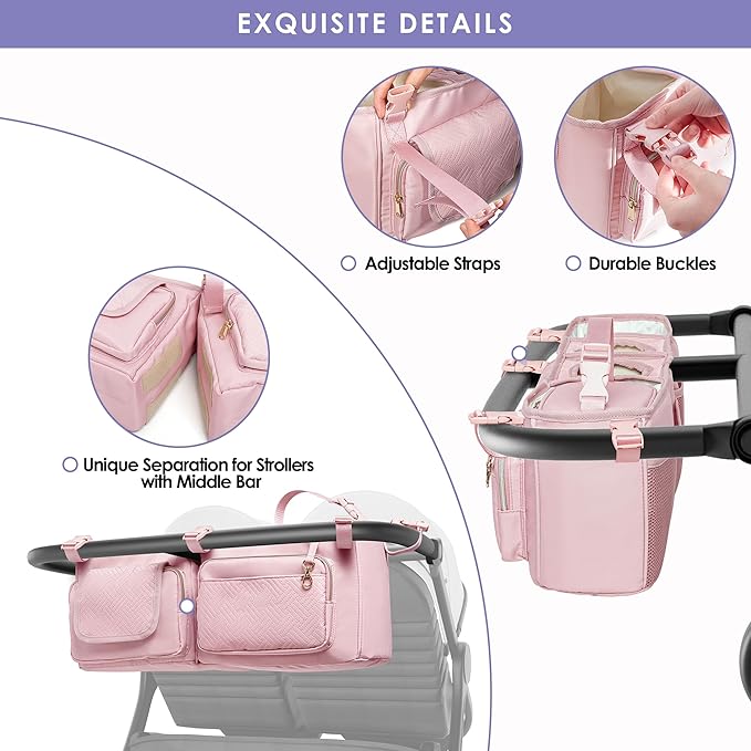 Double Stroller Organizer Compabitle with BOB Duallie and Baby Jogger City Mini GT2 Double Stroller, Double Parent Stroller Caddy Organizer with Cup Holder and Cooler Bag, Pink(Empty Bag)