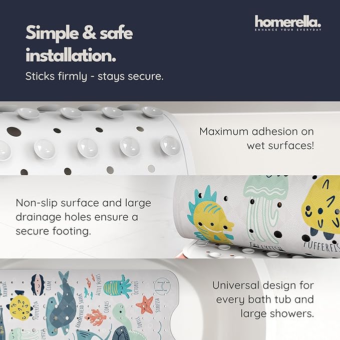 Bath Tub Mat Non Slip Anti Mold for Kids BPA Free INCL Hooks - homerella® Ocean Sea Animals 28x16, Baby Bath Mat Non Slip 200 Suction Cups, Non Toxic Machine Washable Toddler Bath Mat, EU Certified