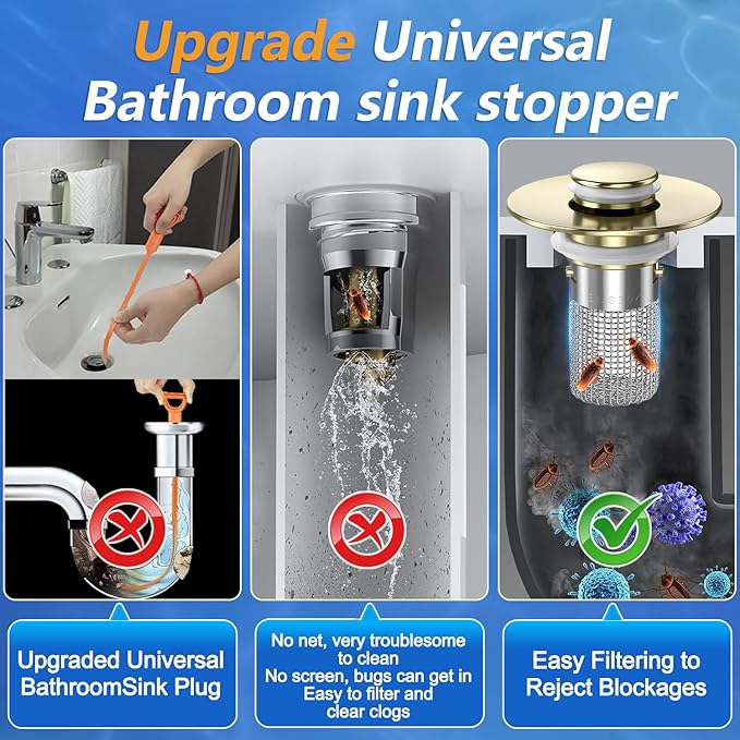 Sink Stopper Hair Catcher,(3PCS) Pop-up Sink Drain Strainer with Removable Stainless Steel Strainer Basket Hair Catcher, Bathroom Sink Strainer for Bathroom Sink Stopper Replacement (3, Brushed Gold)