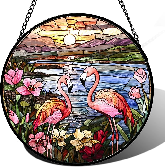 JOSUMALY Stained Glass Window Hanging - Flamingo Wildflowers Landscape Suncatcher for Door Terrace Garden Home Decor Sunset Lake Sun Catcher Birthday Gifts for Lovers Women Men Dad Mom Nana 7.8 in