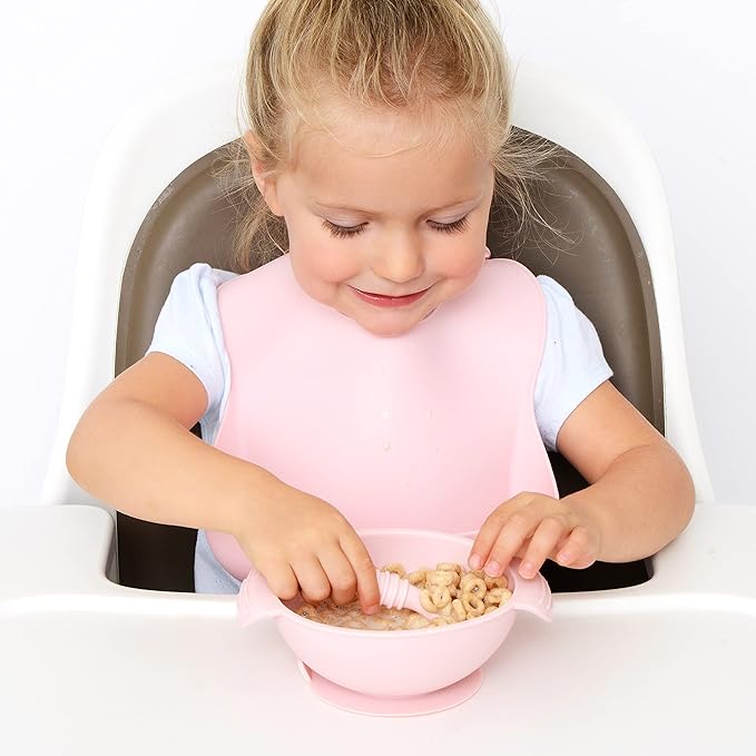 PrimaStella Unbreakable Silicone Non-Slip Bowl and Chew Spoon Set for Babies and Toddlers (Pink)