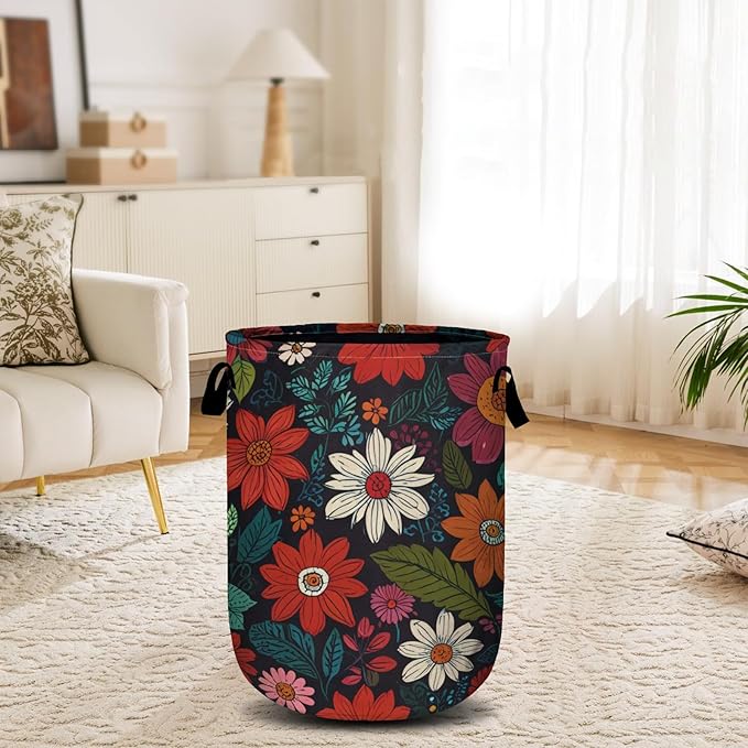 Colorful Flowers Leaves Laundry Basket, Laundry Hamper Collapsible Oxford Cloth with Handle Clothes Toy Storage Bin for Bathroom Laundry Room Bedroom 15.7 X 20 Inch