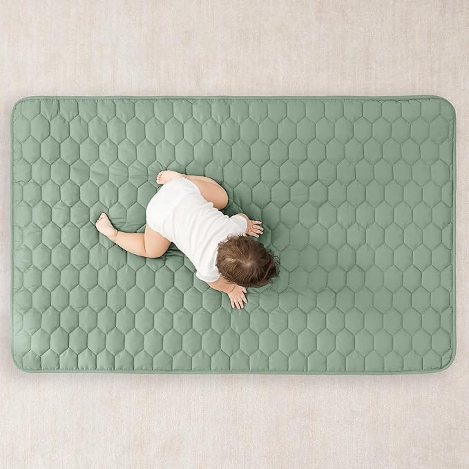 Comfy Cubs Rectangle Kids Play Mat - Small 36 x 60 inches Soft Quilted Baby Floor Mat with Non-Slip Bottom - Plush Design for Toddlers' Playtime - Comfortable and Durable - Fern