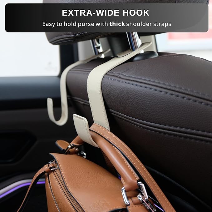 Purse Holder for Car, 2 Pack Upgraded Car Seat Hooks for Hanging Purse and Bag, Leather Headrest Hooks for Car Back Seat, Car Organization Accessories (Brown)