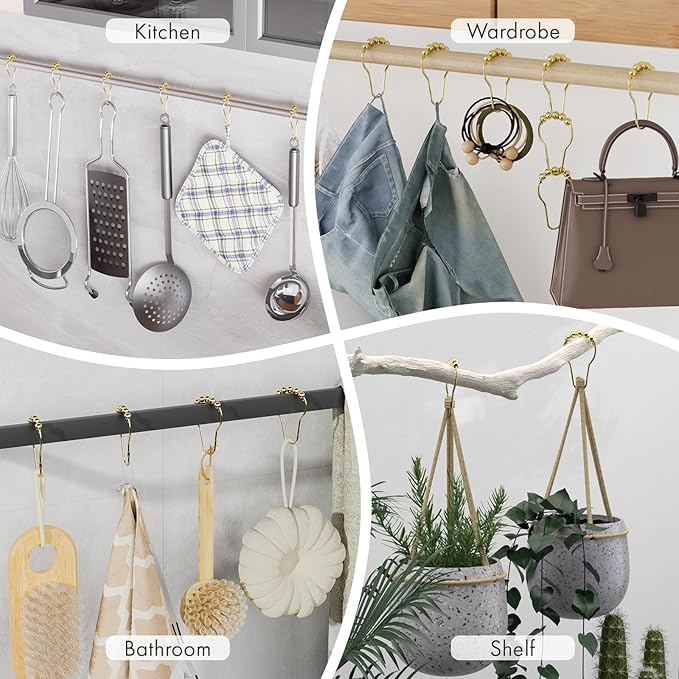 Amazer Shower Curtain Hooks, Gold Shower Curtain Rings Hooks, 24 Pcs Stainless Steel Shower Hooks for Shower Curtain Rust Proof, Shower Hooks for Curtain Bathroom