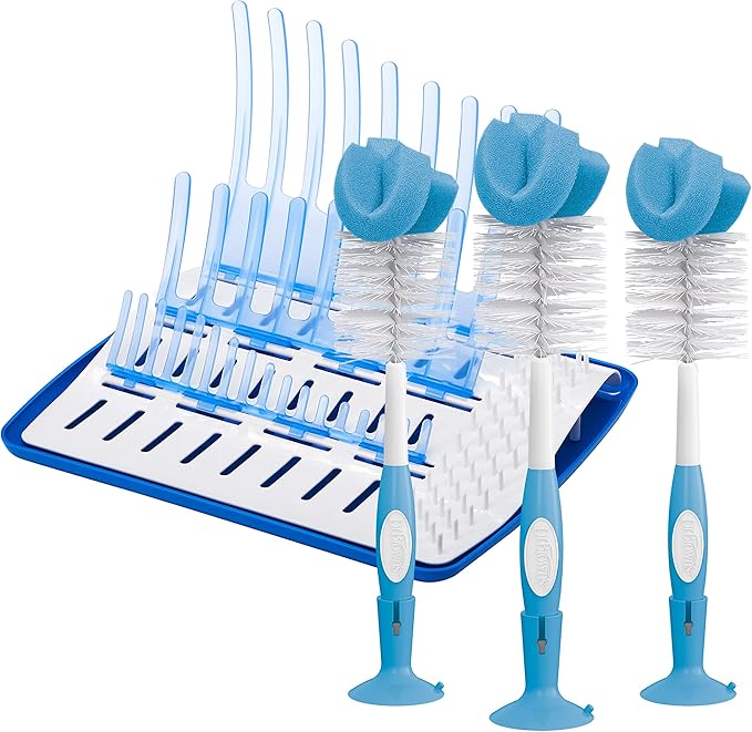 Dr. Brown's Baby Bottle Cleaning Brush with Sponge and Scrubber - Blue - 3pk and Universal Baby Bottle and Accessory Drying Rack