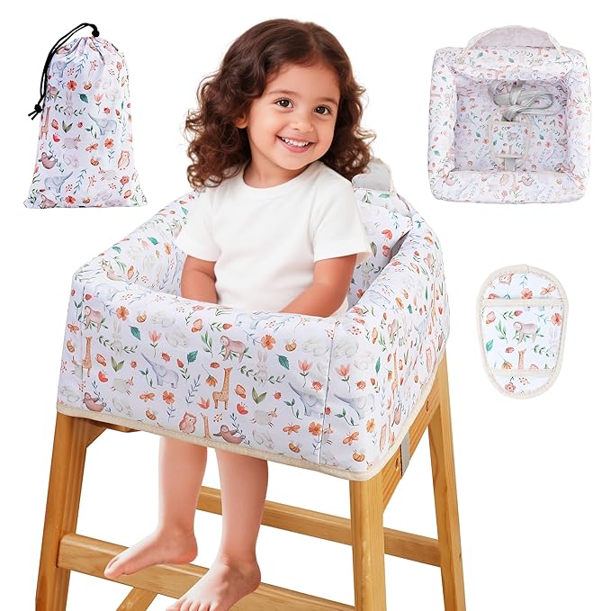 High Chair Cover Portable with 3-Point Harness, Waterproof Baby Seat Cover for Restaurant Travel Home Use, Machine Washable, Fits Wooden Chairs (Yellow Animal)