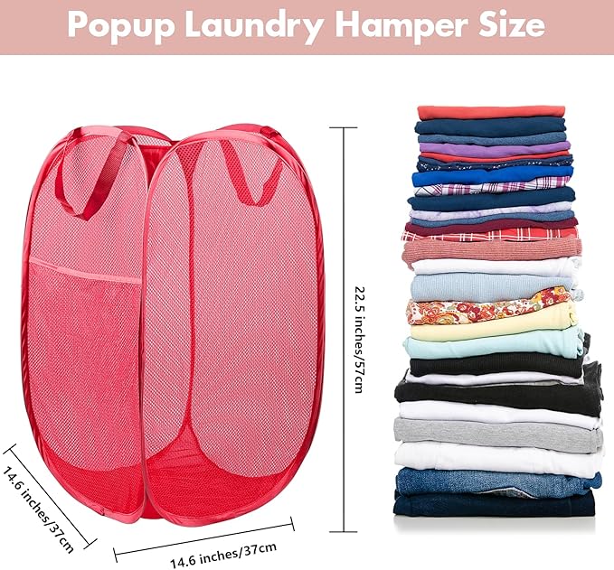 DUCOO Pop Up Laundry Hamper, 70L Collapsible Mesh Laundry Basket with Side Pocket, Foldable Dirty Clothes Hamper with Sturdy Reinforced Handles for Home Dorm Bedroom Travel Storage, Red, 2Pack