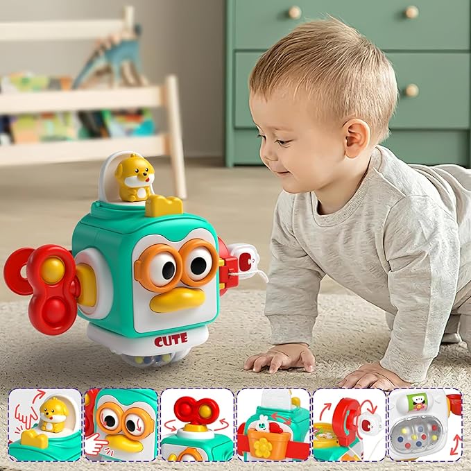 usrela 4 in 1 Baby Toy for 6 9 12 18 Month, Learning Toys for Babies 6-12 Months, Baby Busy Cube, Stacking Sorter, Pull String & Piano Xylophone Travel Toy, Birthday Gift for 1 2 Year Old