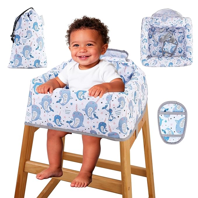 High Chair Cover Portable with 3-Point Harness, Waterproof Baby Seat Cover for Restaurant Travel Home Use, Machine Washable, Fits Wooden Chairs (Blue Whale)