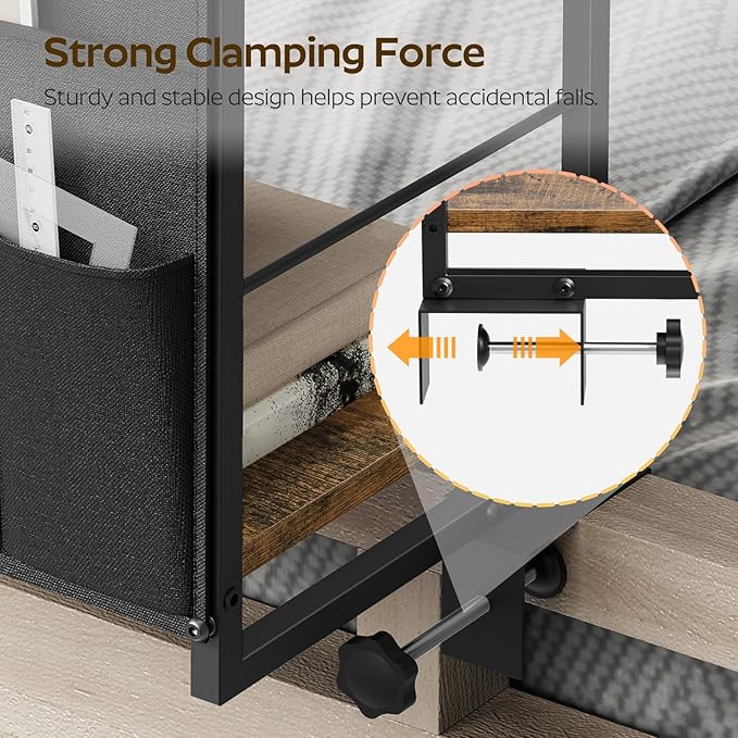 Bedside Shelf, Bunk Bed Shelf with Fabric Pockets Storage, Clip-on Loft & Bunk Bed Tray Shelf for College, Nightstand for Apartment, Sofa, Bedroom, Rustic Brown and Black ET20BR