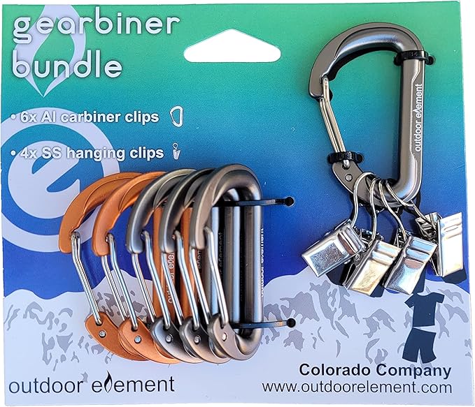 Outdoor Element Heavy Duty Gearbiner Clips - 2" Small Aluminum Carabiner with Hanging Clips - Small Keychain Survival Gear Carabiner for Hanging Keys, Bags and Camping Accessories - Pack of 6