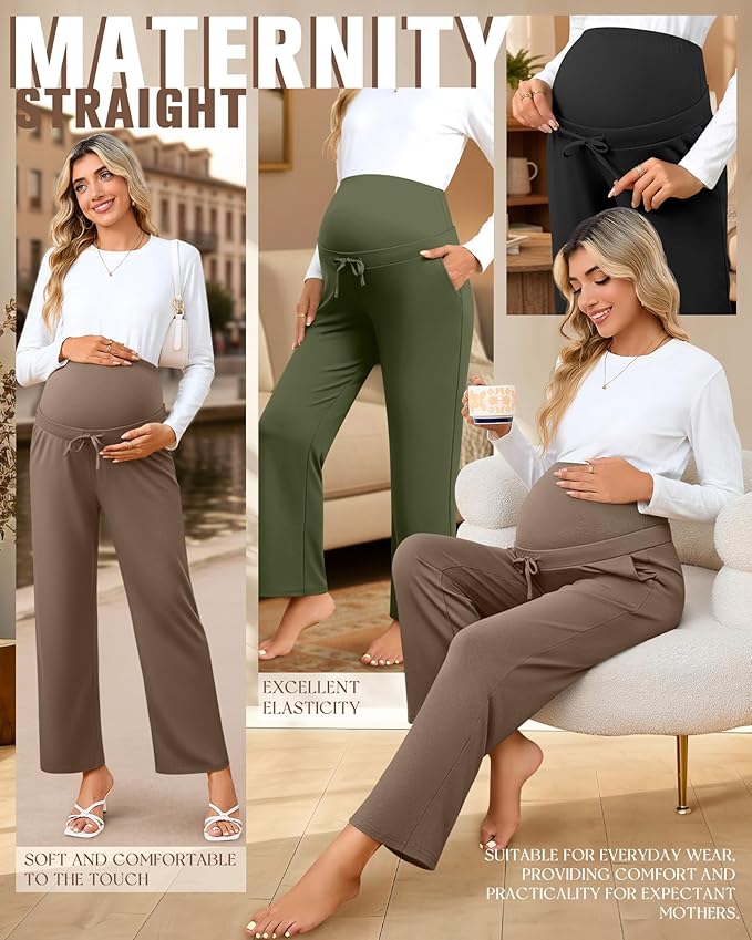 3 Pcs Maternity Sweatpants Over The Belly Pregnancy Straight Wide Leg Elastic Drawstring Pants Joggers with Pockets