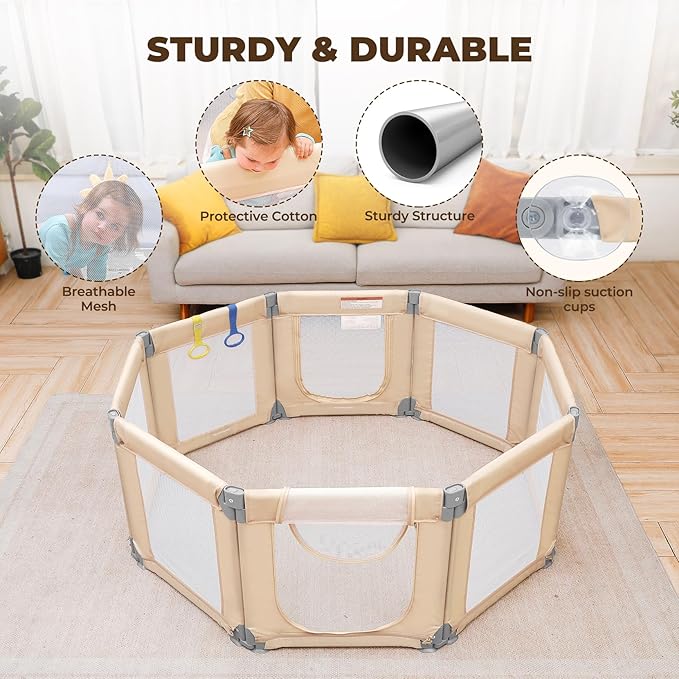 Dripex Small Foldable Baby Playpen, 49"x47" Small Space Play Yard for Travel - Portable Collapsible Play Pen for Babies, Indoor Outdoor Baby Fence, Beige