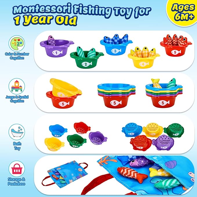 Gacoman Montessori Toys for 1 Year Old Boy Girl Birthday Gift- Cloth Fishing Game for Toddler1-3 for Grandkids with Stacking Cups Learning Educational Toys Baby Toys 12-18 Months