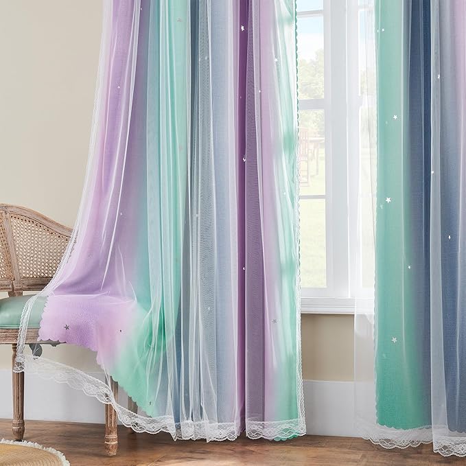 XiDi Curtains for Bedroom Decor, Rainbow Purplgreen grey34/90