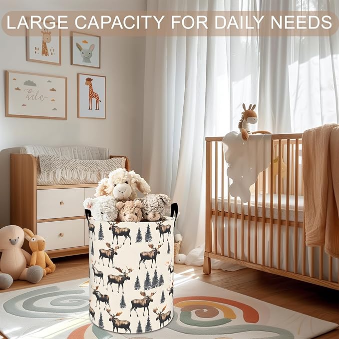 Forest Moose Laundry Basket Hamper 19.7"x15.8", Rustic Animal Foldable Waterproof Oxford Clothes Storage Bucket for Room Bathroom Bedroom Nursery Decor, Toy Organizer Bins Gifts for Kids Boys Girls