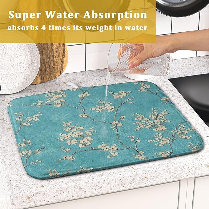 Teal Turquoise Dish Drying Mat for Kitchen Counter Spring Floral Drying Mat 16 x 18 Inch with Absorbent Reversible Microfiber Dish Drying Pad Dish Rack Drainer Mat for Coffee Bar