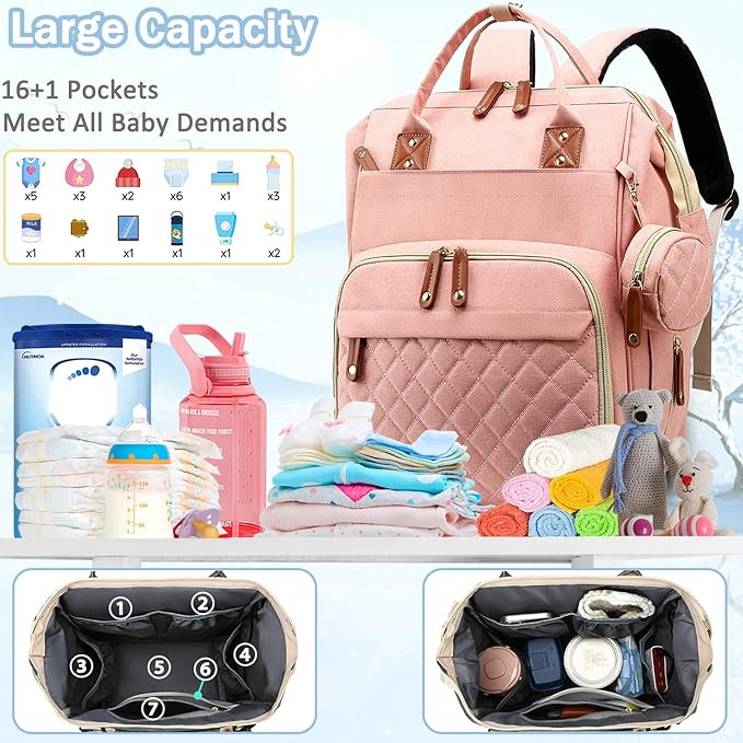 SHITIESHOU Diaper Bag Backpack Baby Bag, Baby Girl Boy Diaper Bag for Dad Mom with Pad,16 Pockets, Pacifier Case, Large Diaper Bags Unisex for Travel (Orange Pink)