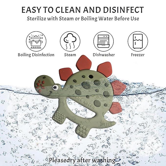 Dinosaur Teething Toys 3-6 Months with Pacifier Clip, Baby Teether 6-12 Months,Silicone Teethers, Soft-Textured Infant Toys for Teething Relief & Brain Development, Newborn Essentials-Olive
