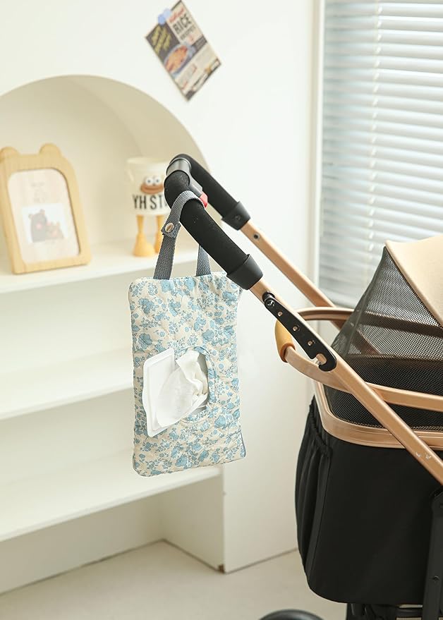 Quilted Baby Wipe Holder Quilted Wipe Pouch Portable Hanging Floral Wet Wipes Bag for Car, Stroller (Blue 4)