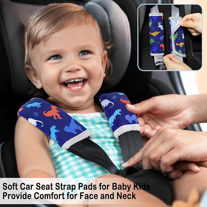 Seat Belt Cover Pad for Baby, Soft Seatbelt Cushion Covers for Kids 2Pcs Car Seat Strap Shoulder Pads for All Car Seats, Stroller, High Chair,Blue Dinosaur