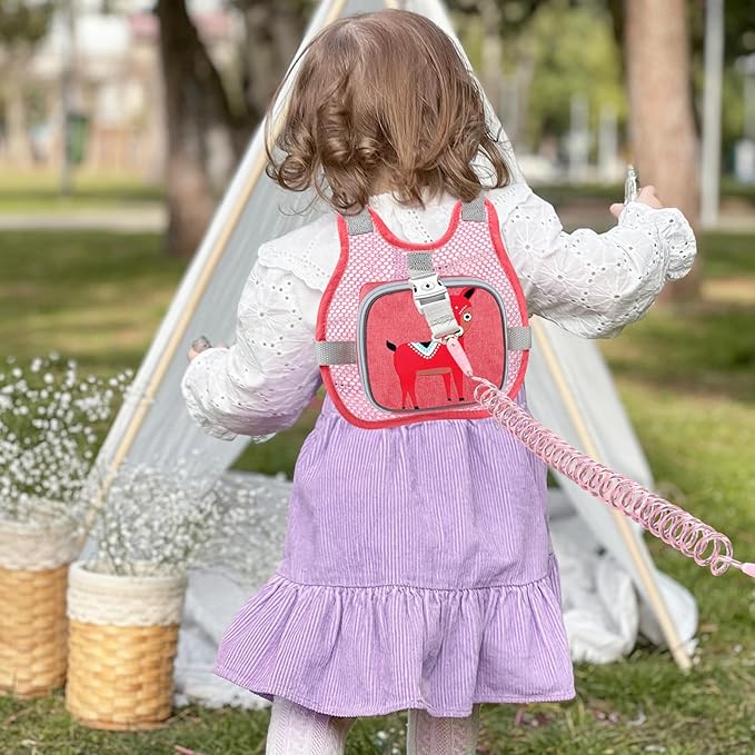 Accmor Toddler Harness Leash + Anti Lost Wrist Link, Adorable Deer Kids Harness with Leash, Collapsible Child Walking Belt Pocket Breathable Wristband Tether Protector for Baby Girls to Outdoor Travel