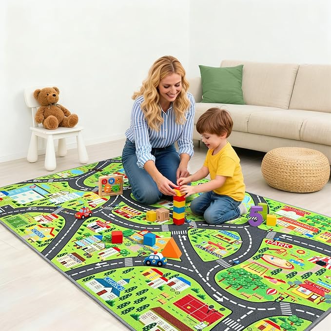 Community Kids Car Play Rug - Educational Play Mat Carpet with Fire Station, School, Park & More for Learning and Play, Ideal for Playroom Classroom Bedroom Nursery, 4x6ft