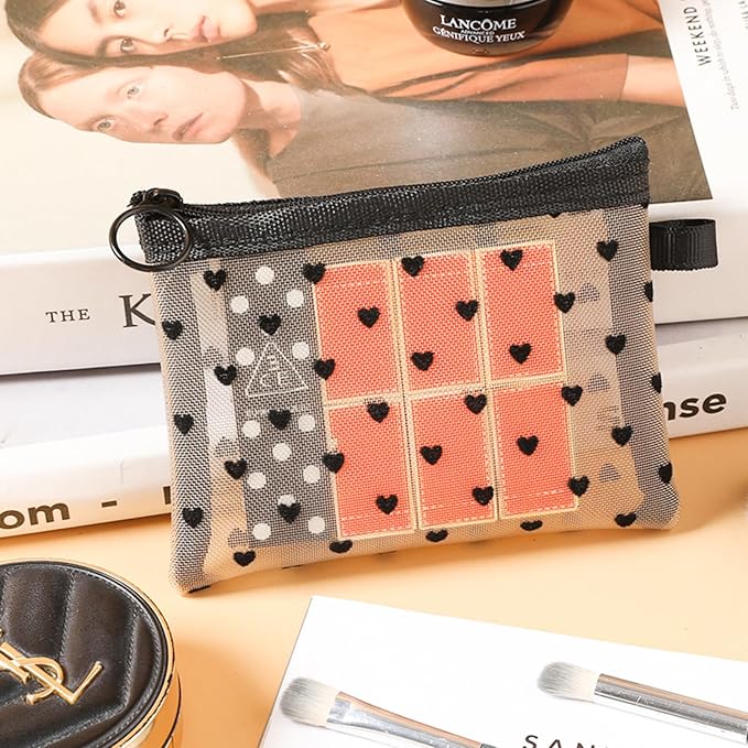4-Piece Heart Printed Mesh Makeup Bag Set, Portable Travel Mesh Cosmetic Bags Toiletry Bags Makeup Purse Bags, Zipper Storage Pouches for Home Offices Travel Accessories (Beige)