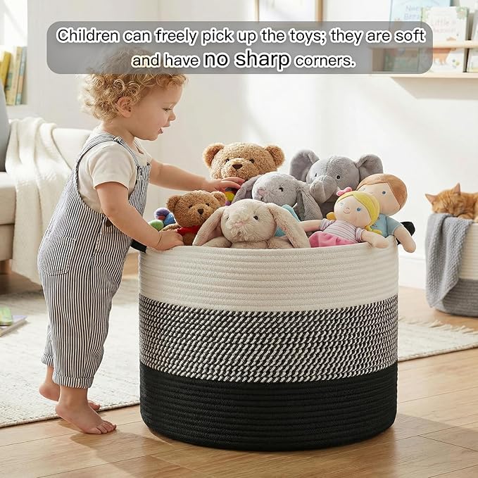 Artfeel 70L Large Cotton Rope Basket, Decorative Woven Blanket Storage for Living Room, Boho Toy Storage & Toy Box for Kids, Versatile Laundry Basket & Nursery Hamper for Blankets(Black)