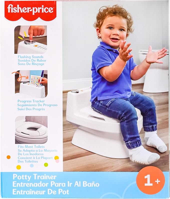 Fisher-Price™ 2-N-1 Potty Trainer with Flushing Sounds, Chart & Storage – White Floor Potty Chair with Splash Guard, Removable Ring & Bowl, Patented Snap Safe Ring Technology