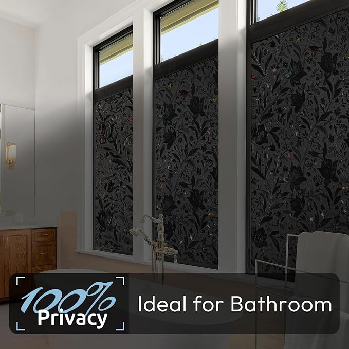 rabbitgoo Total Blackout Window Film Sun Blocking, Black Privacy Window Film Light Blocker, Stained Glass Thermal Cling Heat Control, Room Darkening Glass Sticker for Door Covering, 17.5" x 118.1"